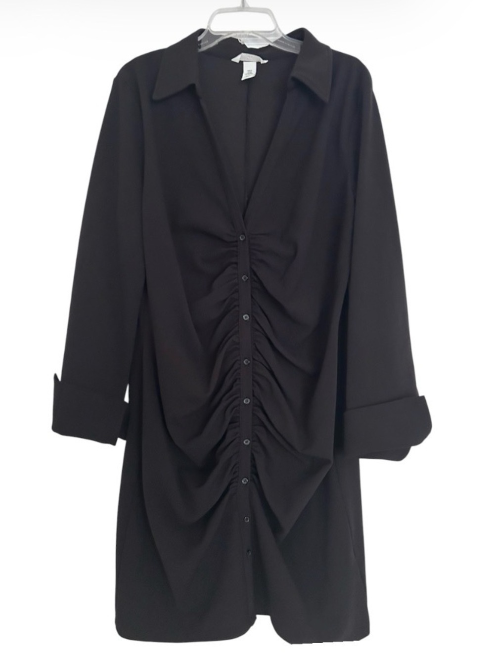 Draped Shirt Dress Roughed V Neck Wedding Guest Black Size XL